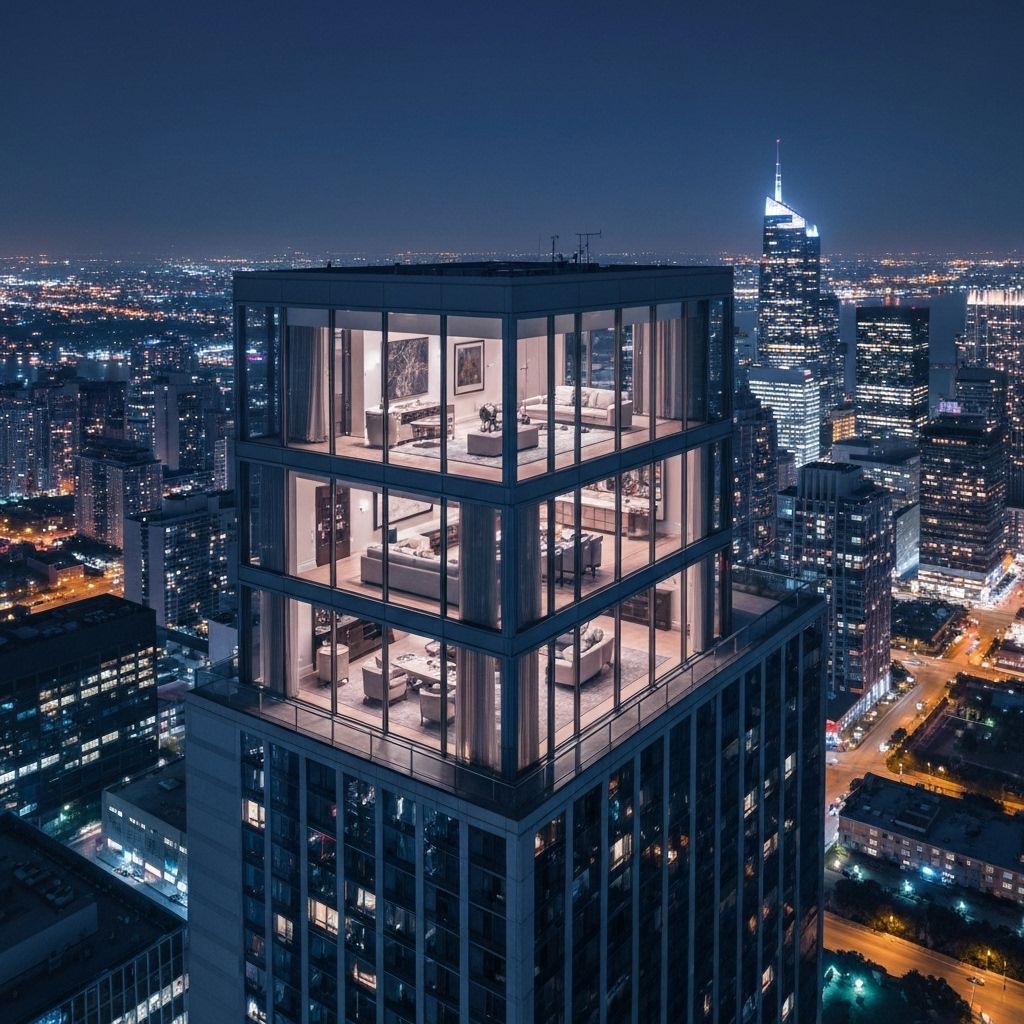 Urban penthouse with city skyline at night